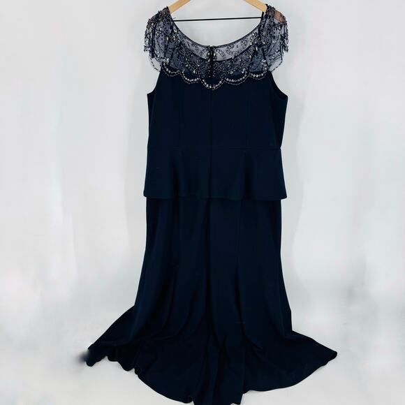 Xscape Navy Beaded Lace Cap Sleeve Formal Gown Floor Length Dress 18W - Picture 3 of 10